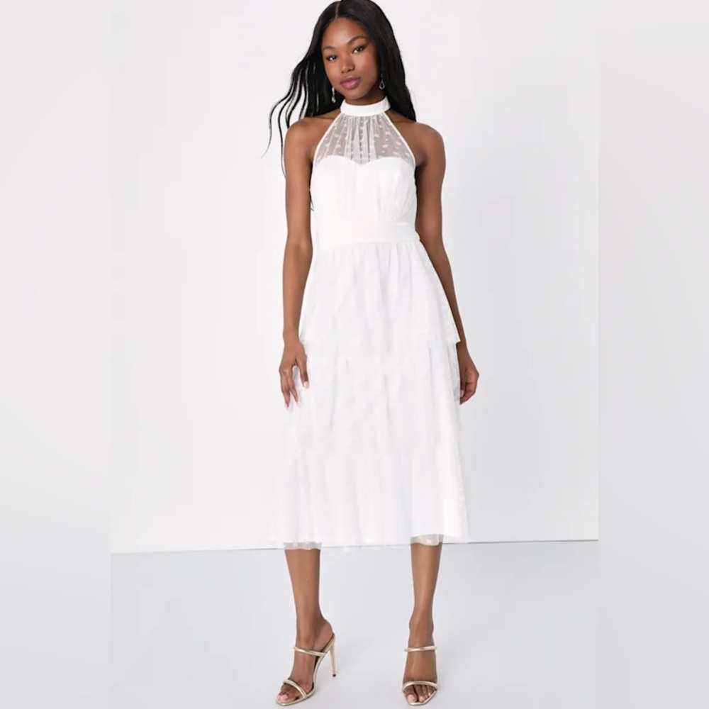LULUS Positively Precious White Floral Mesh Tiered Halter Midi Dress A-line